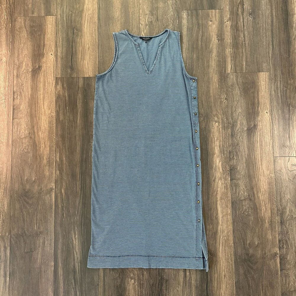 Lucky Brand Blue Striped Sleeveless Midi Dress Button Side V-Neck Size Medium